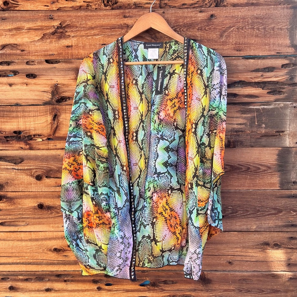 TRAVEL ELEMENTS | NWT Snakeskin Colorful Studded Kimono Cardigan L